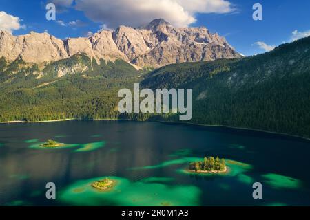 Aerial view of Eibsee lake in summer, Zugspitze region, Garmisch-Partenkirchen, Bavaria, Germany Stock Photo