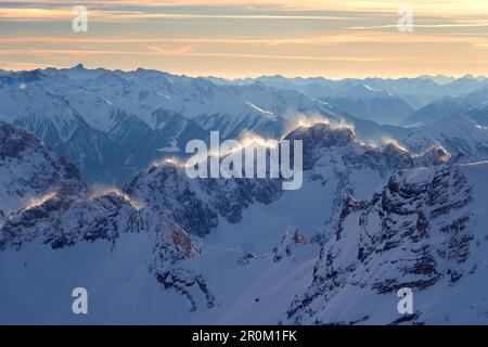 Alpine panorama seen from the Zugspitze in winter, Garmisch-Partenkirchen, Bavaria, Germany, Europe Stock Photo