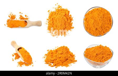 Set with saffron powder on white background Stock Photo