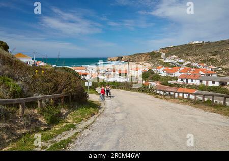 Steep coast and beach of Monte Clérigo, Atlantic Ocean, Parque Natural do Sudoeste Alentejano e Costa Vicentina, Southwest Alentejo and Vicentine Coas Stock Photo