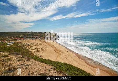 Steep coast and beach of Monte Clérigo, Atlantic Ocean, Parque Natural do Sudoeste Alentejano e Costa Vicentina, Southwest Alentejo and Vicentine Coas Stock Photo