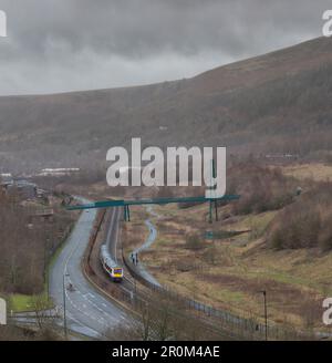 Transport For Wales class 170 Bombardier Turbostar train on the Ebbw Vale line soon after leaving Ebbw Vale, South Wales Stock Photo