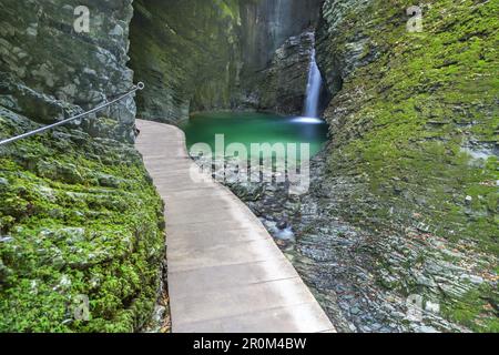Path through the gorge to the waterfall Kozjak, near river Soca, near Kobarid, Soca Valley, Julian Alps, Goriška, Primorska, Slovenia, Central Europe, Stock Photo
