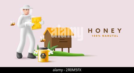 3d render illustration of beekeeper taking honeycombs from beehive, honey jar and bees flying on green grass with flowers Stock Vector