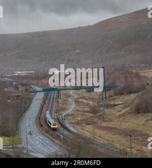 Transport For Wales class 170 Bombardier Turbostar train on the Ebbw Vale line soon after leaving Ebbw Vale, South Wales Stock Photo