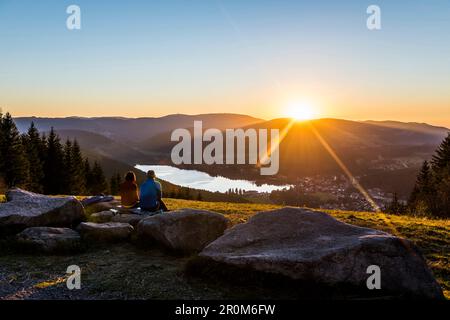 View from Hochfirst to Lake Titisee and Feldberg mountain at sunset, near Neustadt, Black Forest, Baden-Württemberg, Germany Stock Photo