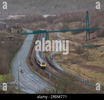 Transport For Wales class 170 Bombardier Turbostar train on the Ebbw Vale line soon after leaving Ebbw Vale, South Wales Stock Photo