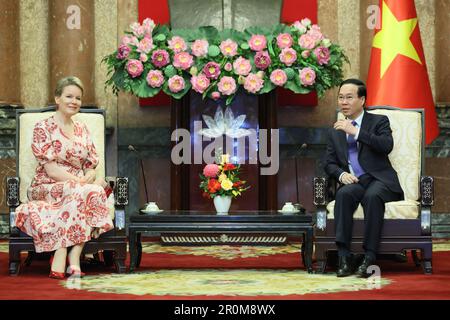 Hanoi, Vietnam. 09th May, 2023. Queen Mathilde of Belgium and Vietnam President Vo Van Thuong pictured during a meeting, during a royal mission to Vietnam, in Hanoi, Vietnam, Tuesday 09 May 2023. The mission is organized by UNICEF Belgium in collaboration with the local employees of UNICEF Vietnam. The Queen's visit to Vietnam focuses on UNICEF's work to close educational gaps and increase opportunities for the most vulnerable children and adolescents in the hardest-to-reach rural areas. BELGA PHOTO BENOIT DOPPAGNE Credit: Belga News Agency/Alamy Live News Stock Photo