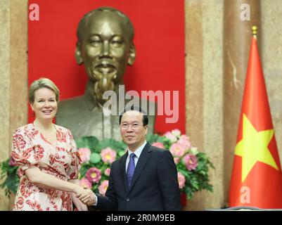 Brussels, Belgium. 09th May, 2023. Queen Mathilde of Belgium and Vietnam President Vo Van Thuong pictured during a session of the parliamentary commission for mobility and public companies, at the federal parliament, in Brussels, Tuesday 09 May 2023. The commission will interrogate Minister De Sutter regarding the situation at Belgian Post Group bpost. BELGA PHOTO JAMES ARTHUR GEKIERE Credit: Belga News Agency/Alamy Live News Stock Photo