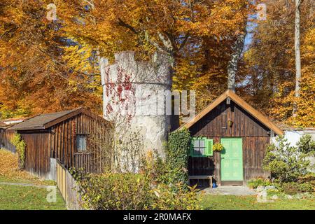 Round tower in the park, Possenhofen Castle near Pöcking, Lake Starnberg, Fünfseenland, Upper Bavaria, Bavaria, Germany Stock Photo