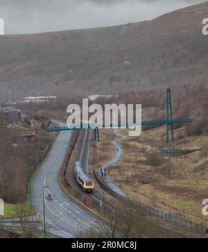 Transport For Wales class 170 Bombardier Turbostar train on the Ebbw Vale line soon after leaving Ebbw Vale, South Wales Stock Photo