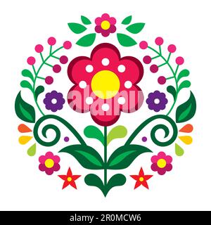 Mexican folk art style vector mandala pattern with flowers, vibrant round design inspired by traditional embroidery designs from Mexico Stock Vector