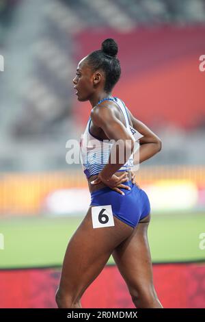 Daryll Neita running the 100m at the 2019 World Athletics Championships in Doha. Stock Photo