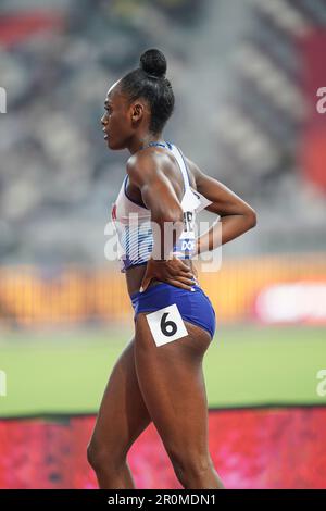 Daryll Neita running the 100m at the 2019 World Athletics Championships in Doha. Stock Photo