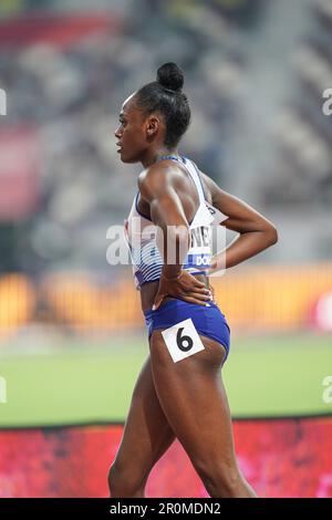 Daryll Neita running the 100m at the 2019 World Athletics Championships in Doha. Stock Photo