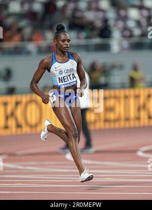 Daryll Neita running the 100m at the 2019 World Athletics Championships in Doha. Stock Photo