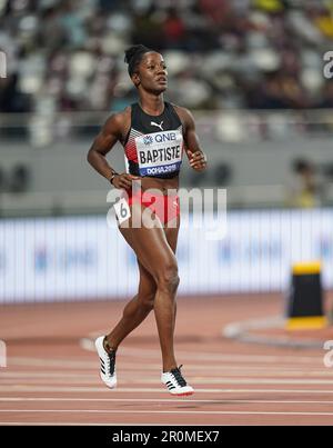 Kelly-Ann Baptiste running the 100m at the 2019 World Athletics Championships in Doha. Stock Photo