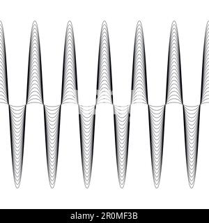 Set of waves with augmented amplitude, the vector of increasing amplitude wave is seamless, criss cross horizontal curvy lines Stock Vector