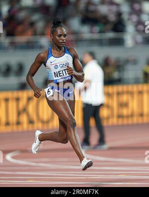 Daryll Neita running the 100m at the 2019 World Athletics Championships in Doha. Stock Photo