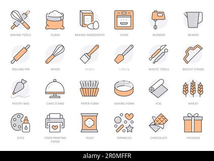 Bakery line icon set. Baking tool - confectionery bag, dough roll, cake decorating, pastry ingredient minimal vector illustration. Simple outline sign Stock Vector