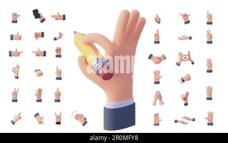 Vector hand gesture set. Cartoon hands with different gestures and poses. Fingers and palm, hand communication, signs. Pointing, touching, hand heart Stock Vector