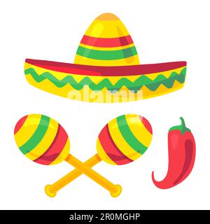 Cinco De Mayo Festival Set with sombrero, maraca, pepper. Vector Stock Vector