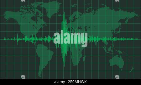 Map of planet earth with seismic diagram, green matrix color Stock Vector