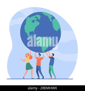 Tiny people holding globe together and smiling Stock Vector