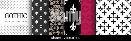 Seamless Pattern Collection of Gothic Designs from 90's. Cathedral and medieval textile graphics. Halloween decorative background. Vintage vector Stock Vector
