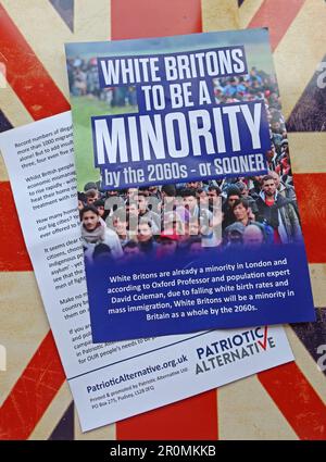 Patriotic Alternative far-right council election leaflets, Warrington, Cheshire, England, UK, WA4 1NN - White Britons to be a minority Stock Photo