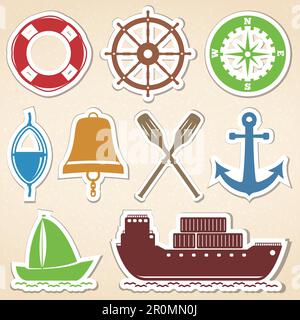 Nautical icons, colored stickers style, vector eps10 illustration Stock Vector