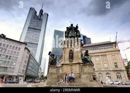 High-rise buildings with Commerzbank building behind the Goetheplatz in the banking district, Frankfurt am Main, Hesse, Germany Stock Photo