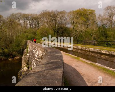 Man and woman cycling along towpath at aqueduct of Monmouthshire and Brecon canal over River Usk near Brynich lock Powys Mid Wales UK Stock Photo