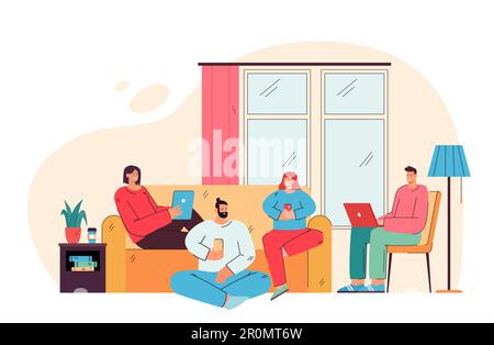 Happy friends sitting in living room with digital devices Stock Vector
