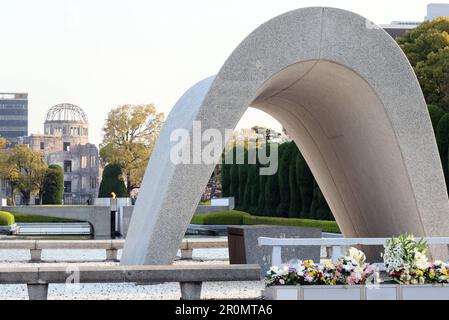 Hiroshima, Japan. 30th Mar, 2023. This picture shows the memorial cenotaph for the A-bomb victims and A-bomb Dome at the Peace Memorial Park in Hiroshima, western Japan on Thursday, March 30, 2023. Group of Seven economic country leaders will gather at the G7 Hiroshima summit meeting this month. (photo by Yoshio Tsunoda/AFLO) Stock Photo