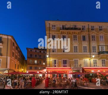 Street cafes and restaurants in the evening, Cours de Saleya, Nice, Cote d Azur, France Stock Photo