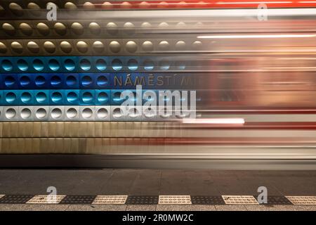 The subway platform of the station NÃ¡mÄ> stÃ MÃru with light trace of the approaching train; Prague; Czechia Stock Photo