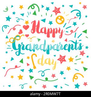 Happy Grandparents Day Greeting Banner with glasses, hearts, smile and cane. Vector Stock Vector