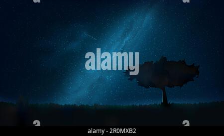 Night shining starry sky, lonely tree in the meadow. Dark blue space background with stars, nebula, meteor. Starlight night in nature, cosmos. Vector Stock Vector
