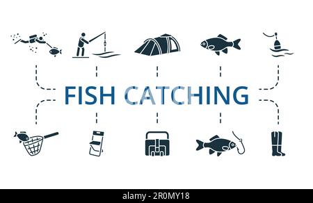 Fish catching set. Creative icons: spearfishing, fisherman, tent, fish,  float, landing net, folding chair, fishing bag, fish on hook, fishing boots  Stock Vector Image & Art - Alamy