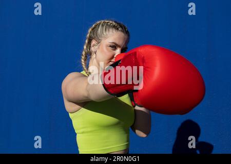 Strong young female boxer in sportswear stretching hand with boxing glove forward while looking at camera and standing in daylight against blue backdr Stock Photo