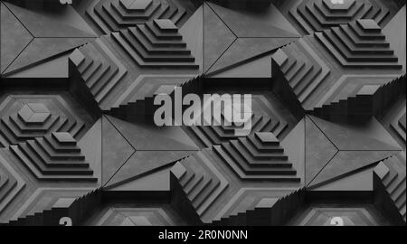 Full frame of abstract graphic 3d illustration of symmetrical repeating dark gray patterns of geometric shapes and lines with shadows Stock Photo