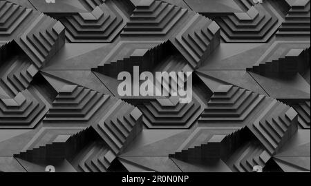 Full frame of abstract graphic 3d illustration of symmetrical repeating dark gray patterns of geometric shapes and lines with shadows Stock Photo