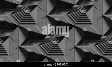 Full frame of abstract graphic 3d illustration of symmetrical repeating dark gray patterns of geometric shapes and lines with shadows Stock Photo