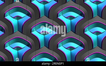 Abstract 3d illustration of symmetrical repeating blue and pink gradient patterns with geometric shapes and lines overlapping grey hexagon tiles Stock Photo