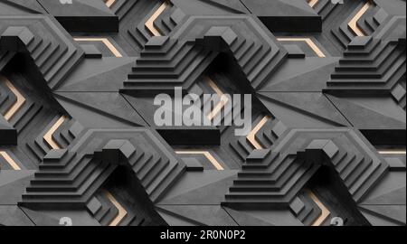 Full frame of abstract graphic 3d illustration of symmetrical repeating dark gray patterns of geometric shapes and lines with shadows Stock Photo