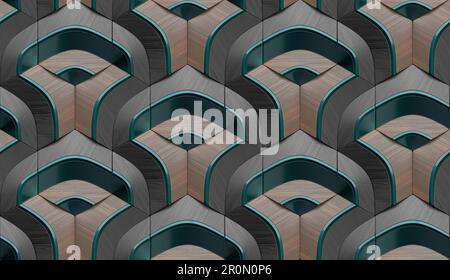Abstract 3d illustration of symmetrical repeating brown patterns with geometric shapes and lines overlapping grey hexagon tiles Stock Photo