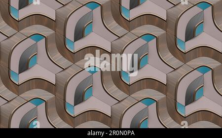 Abstract 3d illustration of symmetrical repeating blue and grey gradient patterns with geometric shapes and lines overlapping brown tiles Stock Photo
