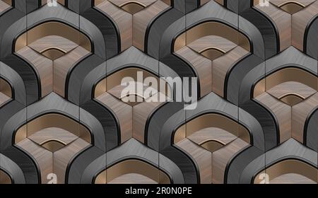 Abstract 3d illustration of symmetrical repeating brown patterns with geometric shapes and lines overlapping grey hexagon tiles Stock Photo