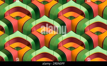 Abstract 3d illustration of symmetrical repeating orange and red gradient patterns with geometric shapes and lines overlapping green hexagon tiles Stock Photo